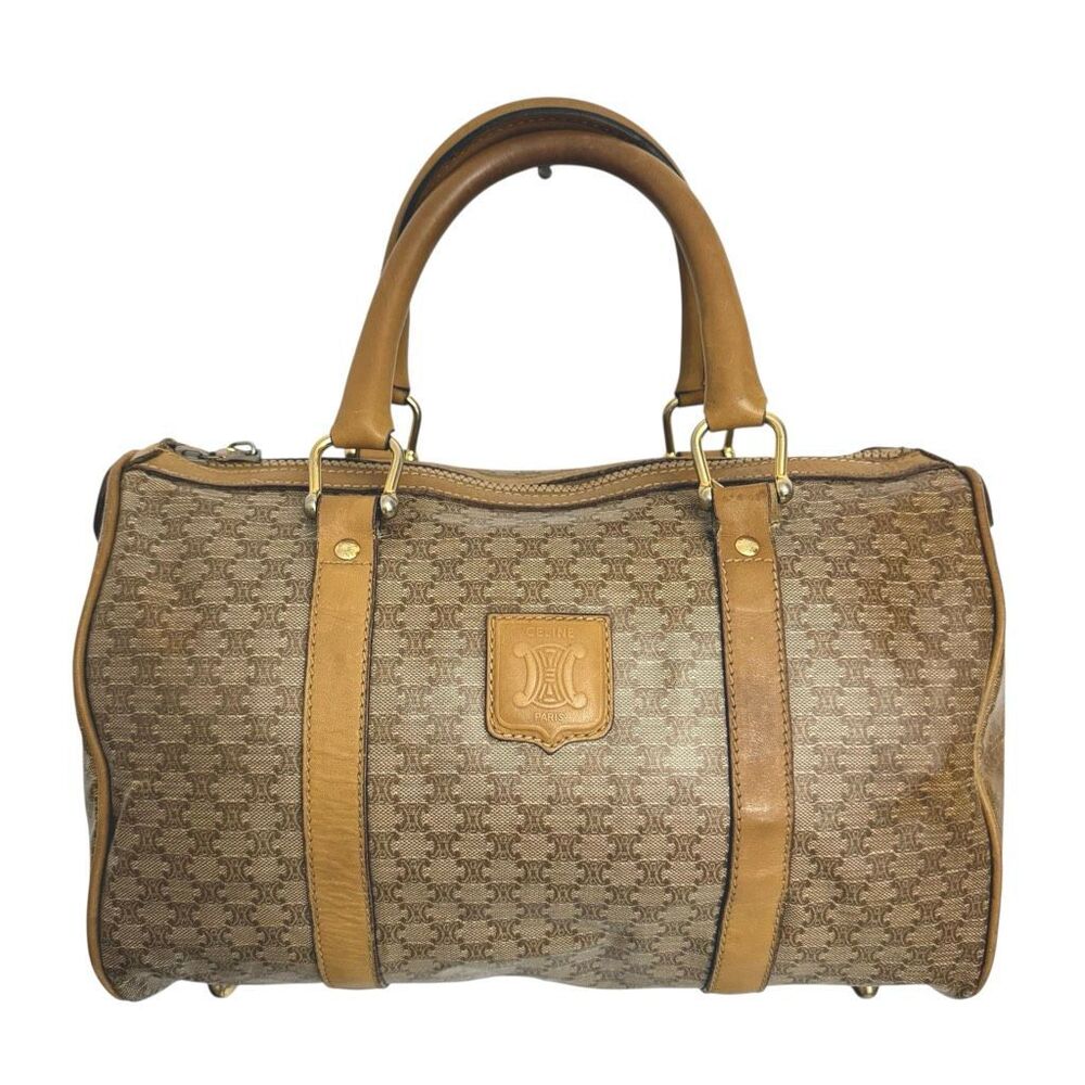 Celine Authentic Women's Tan Coated Canvas Leather Trim Macadam Boston Bag